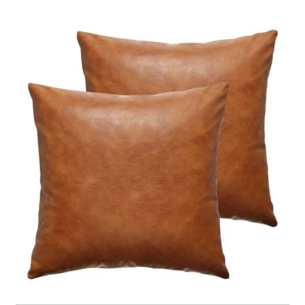 NWOT MODERN Vegan Leather Cognac Brown Throw Pillow Cover 2 pcs Set